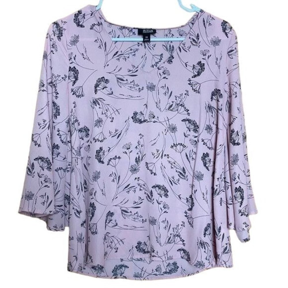 a.n.a A New Approach Pink Black Floral V-Neck 3/4 Bell Sleeve Blouse Size XSmall